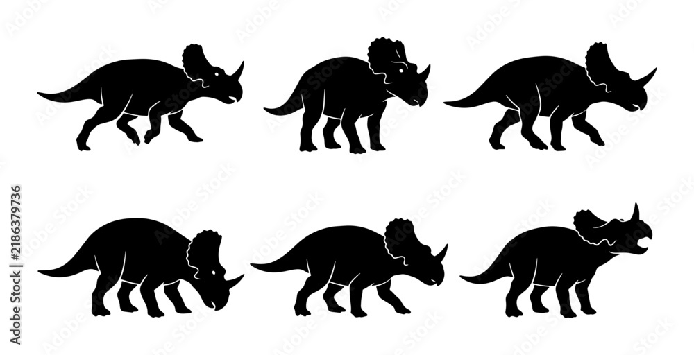 Obraz premium Triceratops Dinosaur Silhouettes, Prehistoric Reptile Icons, Ancient Creature Vector Set
