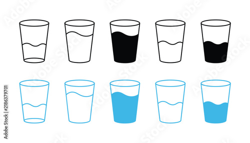 Water Glass icon set featuring tall, half-filled, and empty drinking glasses in blue flat outline style for beverage and hydration designs.