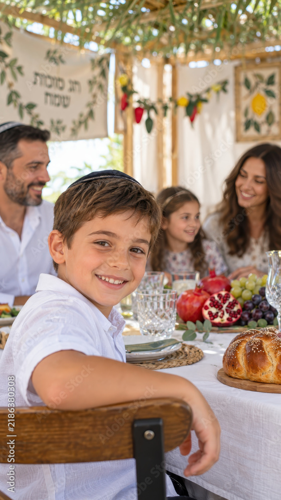 Obraz premium Young boy at a harvest feast in sukkah, child seated before challah plus pomegranate with family nearby, cultural tradition feature for autumn harvest observance