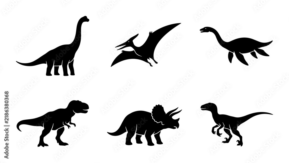 Obraz premium Dinosaur Silhouettes Collection, Prehistoric Creatures Vector Icons, Ancient Reptiles Set, Jurassic Era Icons