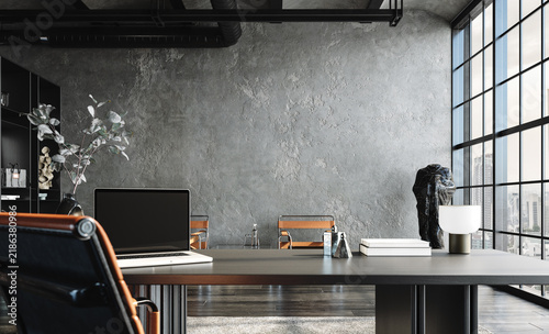 Modern office interior in loft, industrial style, 3d render