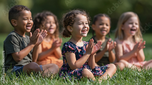 A group of children are singing together in a park on a beautiful summer day.