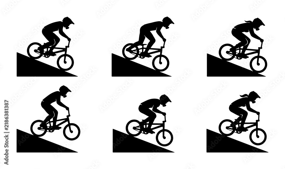 Fototapeta premium BMX Bike Rider Silhouettes, Extreme Sports Action, Bicycle Trick Sequences, Vector Graphics Set