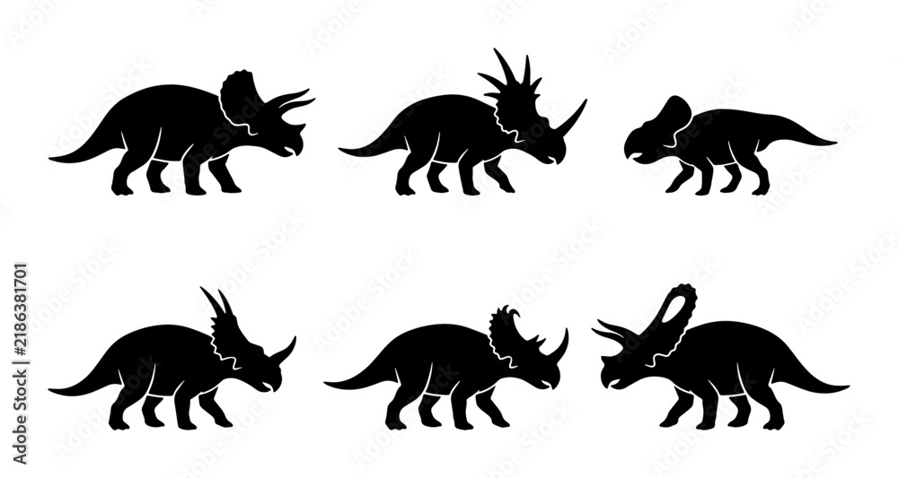 Obraz premium Triceratops Dinosaur Silhouettes, Prehistoric Reptile Icons, Ancient Creature Vector Set