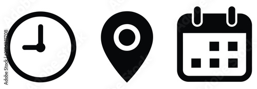 Time Address and Date Icons, Modern Flat Clock, Location Pin, Calendar, Scheduling, Navigation, Appointment, and Interface Symbols, Vector, Designs