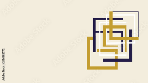 A geometric composition of overlapping square frames in gold, dark blue, and white, creating a modern minimalist pattern suitable for business branding and professional.