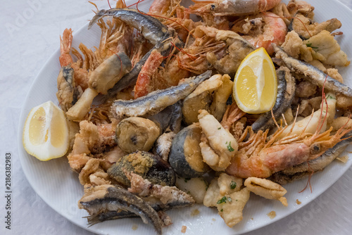 Tray with fried fish and seafood