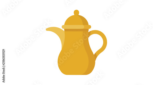 Golden ibrik with curved spout rests on a white background