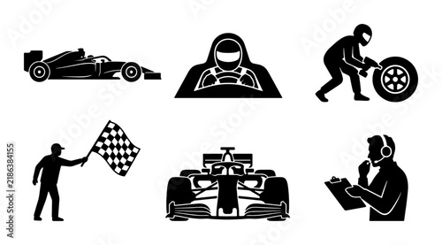 Obraz na plátně Formula 1 Racing Icons: Speed, Pit Stop, Driver, Checkered Flag, Coach, Vector S