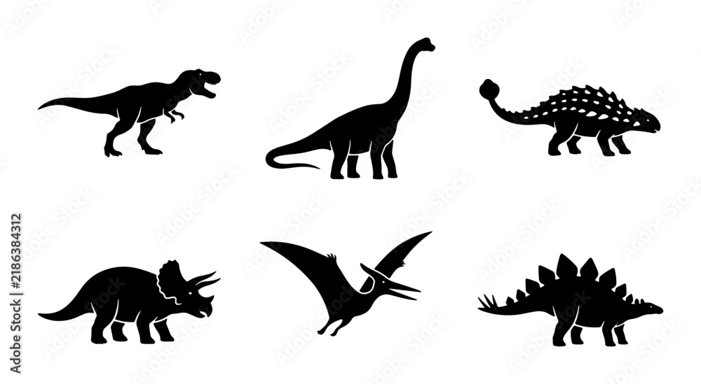 Obraz premium Dinosaur Silhouettes Collection, Prehistoric Reptile Icons, Jurassic Era Vector Set