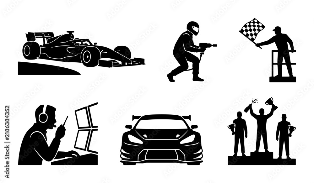 Obraz premium Formula 1 Racing Icons: Speed, Victory, and Competition Vector Set