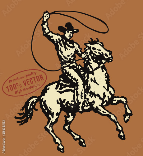 Fotografie Retro vector illustration of a cowboy roper on horseback