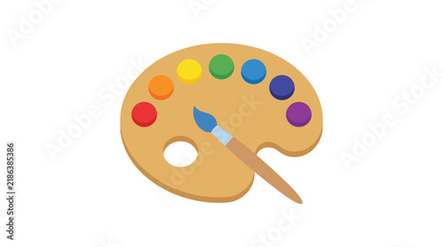 Artist s palette with paint and brush flat vector illustration