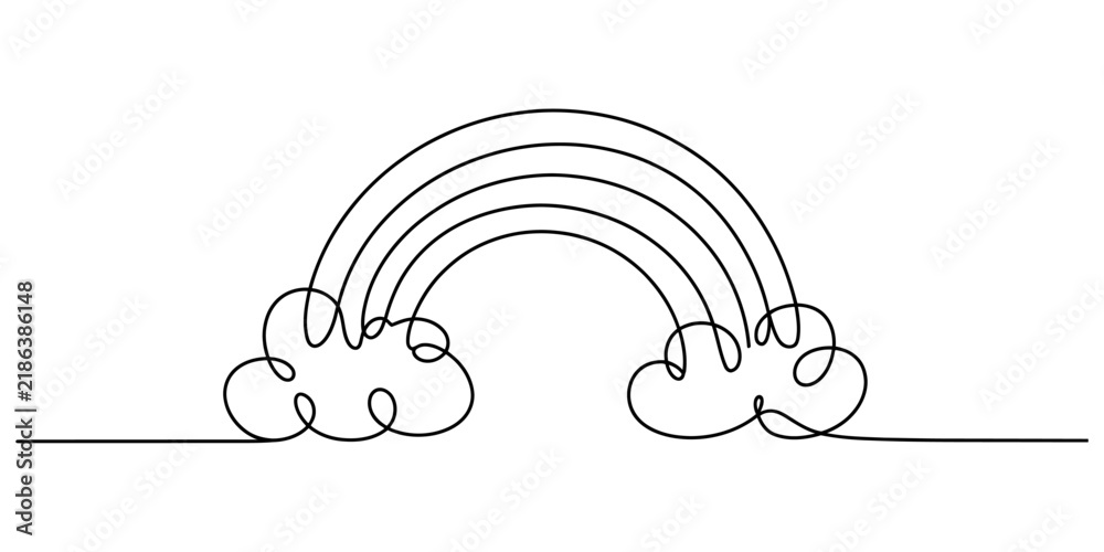 Obraz premium Rainbow with fluffy clouds in continuous line art style showing weather phenomenon for whimsical and cheerful artistic decorative designs.