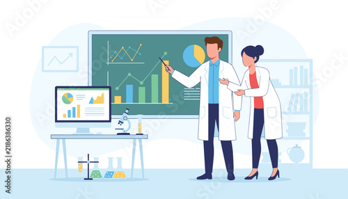 Professional scientists in white lab coats collaborating on research data displayed on a large screen in a modern science laboratory.