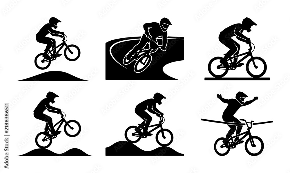 Fototapeta premium BMX Bike Silhouettes, Extreme Sports Action, Bicycle Racing Vector Icons Set