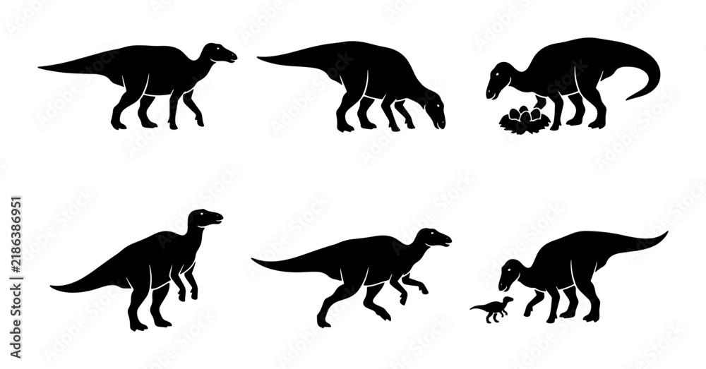 Obraz premium Dinosaur Silhouettes: Iguanodon, Prehistoric Reptile Poses, Ancient Animal Vector Set