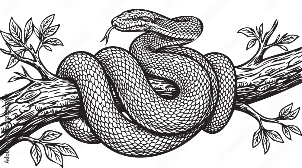 Fototapeta premium Vintage black and white snake coiled on tree branch engraving, classic reptile wild animal illustration, tarquin style tattoo fine art vector graphic