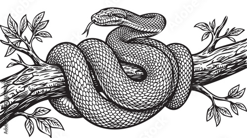 Vintage black and white snake coiled on tree branch engraving, classic reptile wild animal illustration, tarquin style tattoo fine art vector graphic