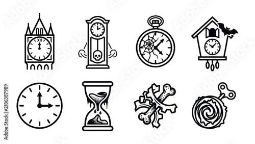 фотографія Time Iconography: A collection of diverse clock symbols and time-related icons, including a clock tower, grandfather clock, pocket watch, cuckoo clock, wall clock, hourglass, wind-up toy