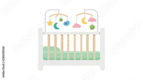 Baby crib with mobile featuring stars moon and birds flat vector illustration