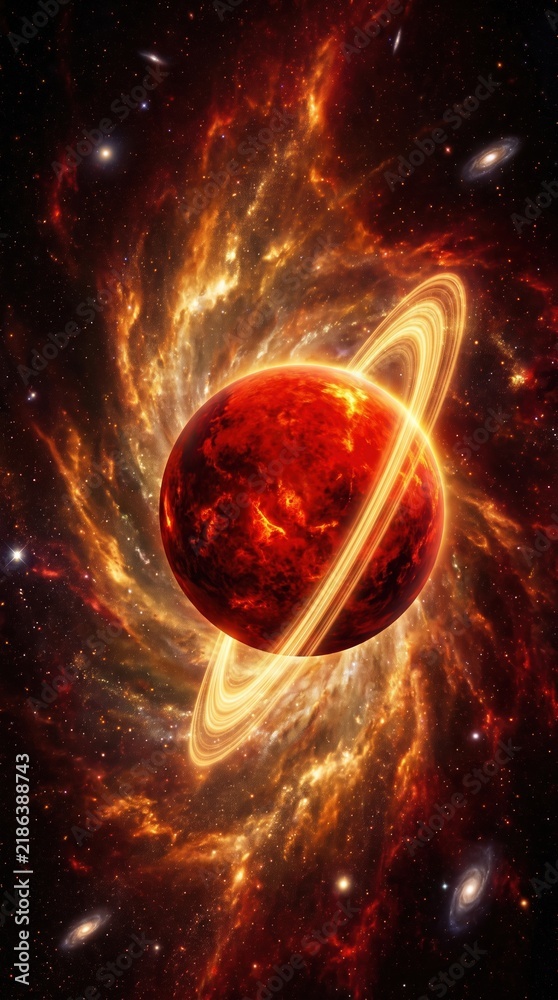 Fototapeta premium Vast red planet glows with swirling rings
