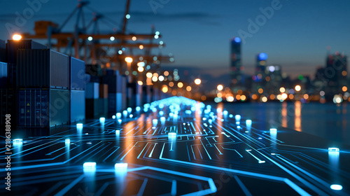 Shipping containers arranged along a glowing digital circuit path with automated cranes and connected data nodes, global logistics, smart port, digital infrastructure, cargo