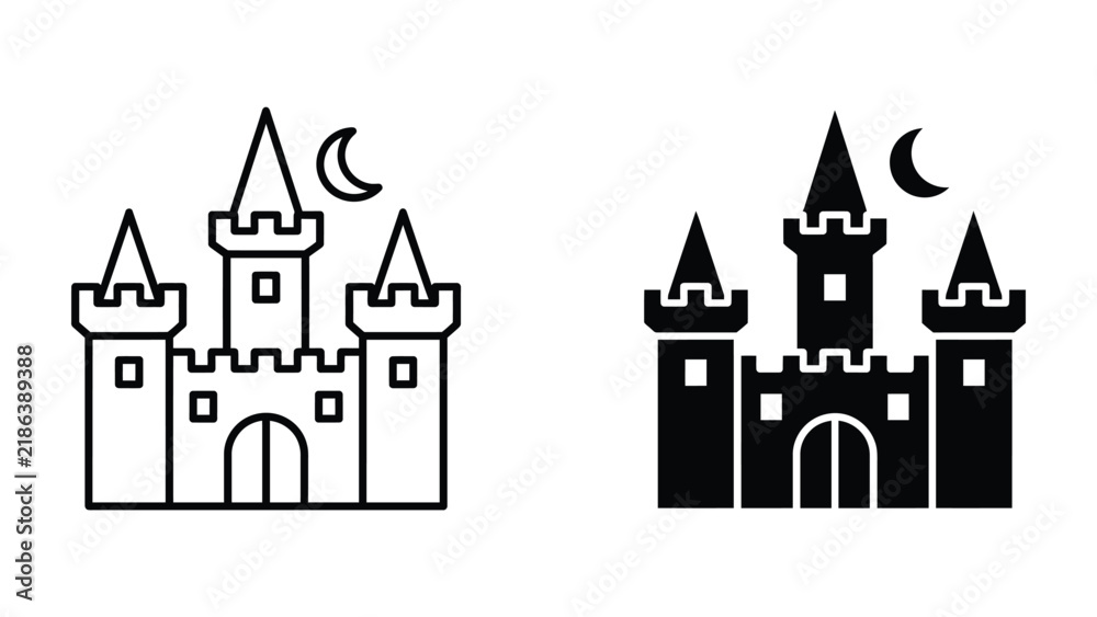 Fototapeta premium Medieval Castle Icon: Two stylized depictions of a medieval castle, one an outline and the other a solid silhouette, under a crescent moon, representing a fairytale or historical setting.