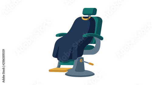 Barber chair with dark cape is illustrated in a flat vector style