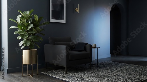 Modern living room interior with dark walls a large plant and a bright blue accent wall creating a stylish atmosphere