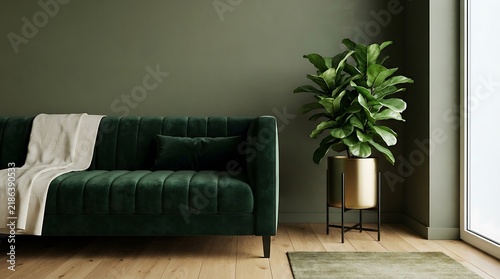Elegant living room interior with a dark green velvet sofa and a large fiddle leaf fig plant near a window
