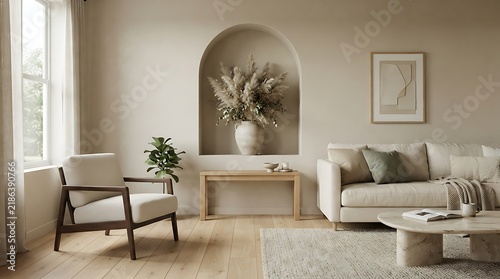 A beautifully designed elegant living room features neutral color palettes an arched doorway ample natural light and a cozy comfortable seating area