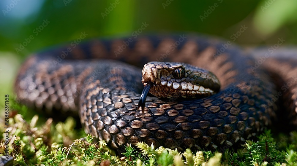 Obraz premium Viper snake flicking tongue, wildlife in natural habitat