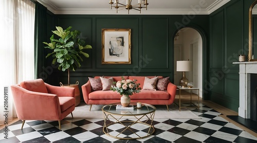 Elegant living room interior with coral sofas dark green walls and a checkered floor showcasing modern home decor and style