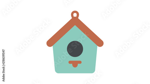 A stylized birdhouse illustration features a teal body and reddish brown roof