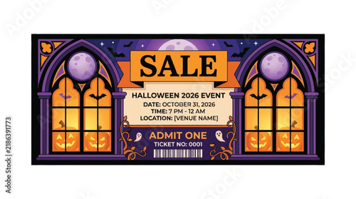 Halloween sale voucher template showcases gothic arched windows with glowing pumpkins, full moons, and decorative borders for autumn event promotions.