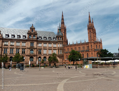 New Town Hall and Marktkirche at Schlossplatz in the historic center of Wiesbaden, Germany