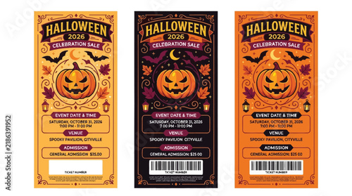 Halloween event admission tickets display ornate decorative borders with smiling pumpkins, flying bats, and autumn leaves across three color variations.