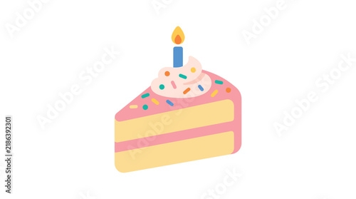 Slice of cake with lit candle a colorful vector illustration