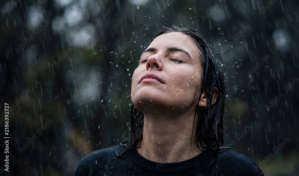 Fototapeta premium Woman Enjoying Heavy Rainfall in Nature