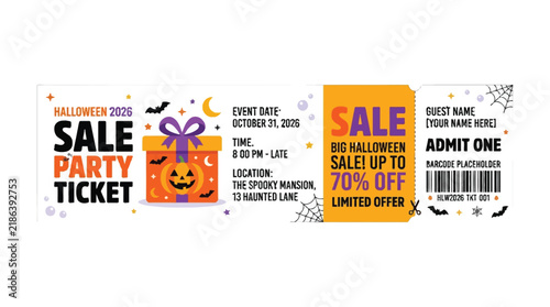 Halloween party admission ticket coupon template features a decorated gift box with pumpkin graphic and discount details.