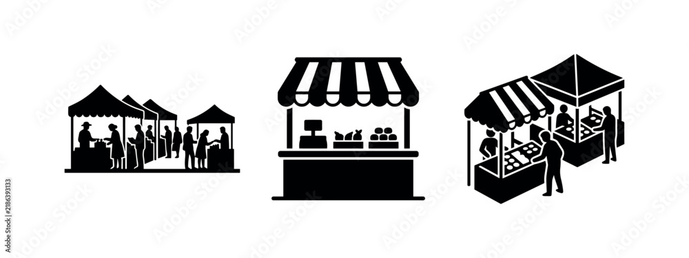 Obraz premium Farmers Market and Stall Silhouette Icons - Outdoor Food Market and Retail Booth Vector Graphics Set