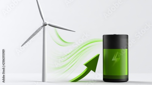 Wind Turbine Generating Energy with Rotating Blades Beside a Battery Indicating Increasing Power Potential