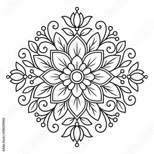 Elegant Floral Mandala Line Art with Ornamental Botanical Pattern