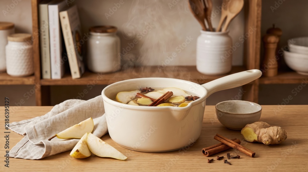 Fototapeta premium Steaming pot of mulled pear cider with ginger, cinnamon, and star anise. Warm and cozy beverage for autumn and winter, perfect for holiday entertaining and seasonal comfort.