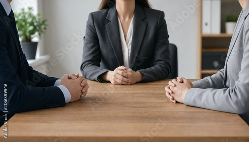 Three business people in formal wear sitting at table during meeting with corporate office business professionals corporate culture formal suit decision making office interior discussion
