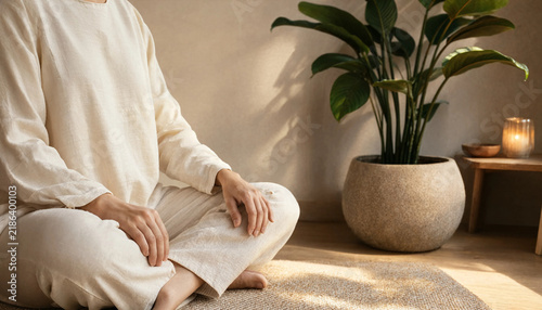 Person meditating on floor in bright room with large houseplant peaceful room mental health spiritual practice woman meditating yoga pose home interior potted plant living room