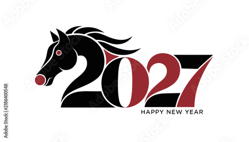 Happy New Year 2027 creative graphic typography design set featuring a majestic horse head silhouette integrated with numbers in solid black and a dark red gradient style on a white background. vector