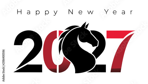 Happy New Year 2027 creative graphic typography design set featuring a majestic horse head silhouette integrated with numbers in solid black and a dark red gradient style on a white background. vector
