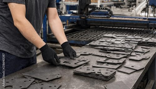 Worker wearing black gloves arranging precision cut metal pieces on a workshop table with cnc machine factory worker metal fabrication industrial workshop laser cutting industrial manufact